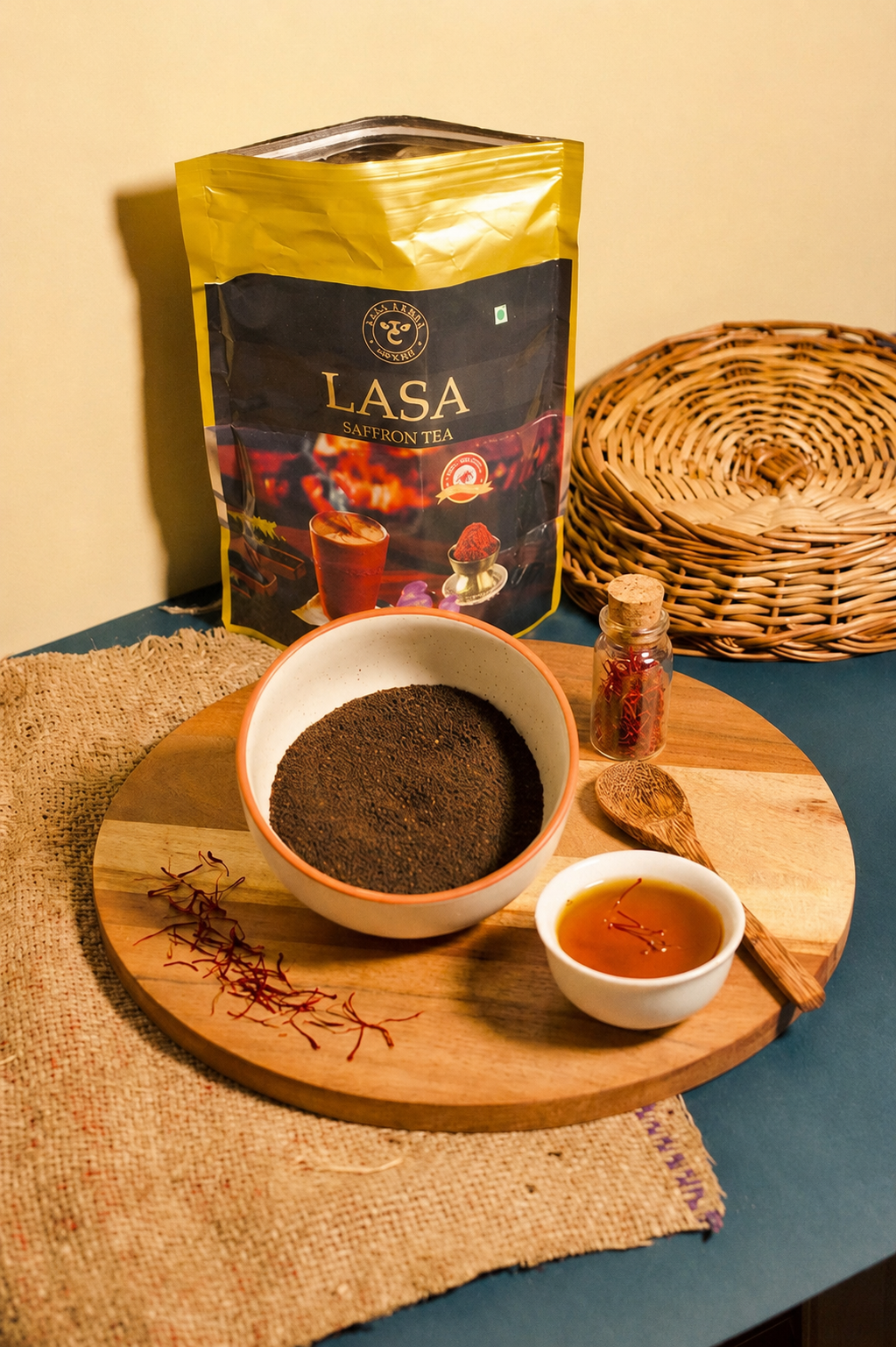 Premium saffron tea with real saffron strands, tea powder, and a freshly brewed cup of tea