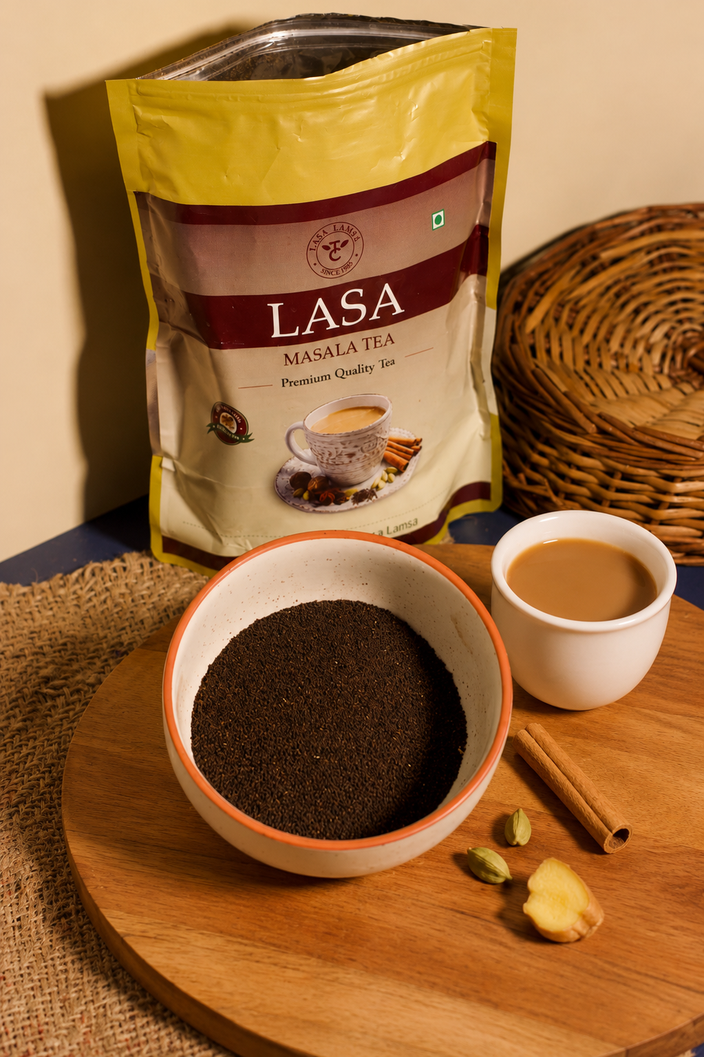 Premium masala tea with fine tea powder, cinnamon, cardamom, and fresh ginger